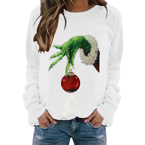 YEBIRAL Pullover Damen Grinch Weihnachtspullover Rundhals Sweatshirt Casual Langarm Oberteile Lustige Weihnachten Tops Langarmshirt Basic Drucken Tunika Christmas Pulli ohne Kapuze Shirts von YEBIRAL