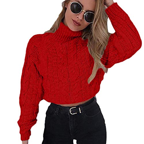 YEBIRAL Pullover Damen Sexy Kurz Strickpullover Rollkragenpullover Casual Herbst Winter Sweater Strickpulli Langarm Oberteile Elegant(M,Rot) von YEBIRAL