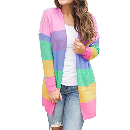 YEBIRAL Pullover Damen Strickjacke Cardigan Lässig Regenbogen Gestreift Langarm Outwear Cardigan Offene Tops Strickmantel mit Taschen Mantel Jacke(XL,Mehrfarbig) von YEBIRAL