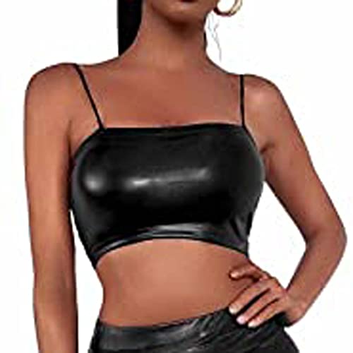 YEBIRAL Sexy Oberteil Damen Wetlook Bauchfrei Spaghettiträger Cropped Camisole Tank Tops Ärmellos Kunstleder Bustier BH Unterhemd Corsage Clubwear Crop Top von YEBIRAL