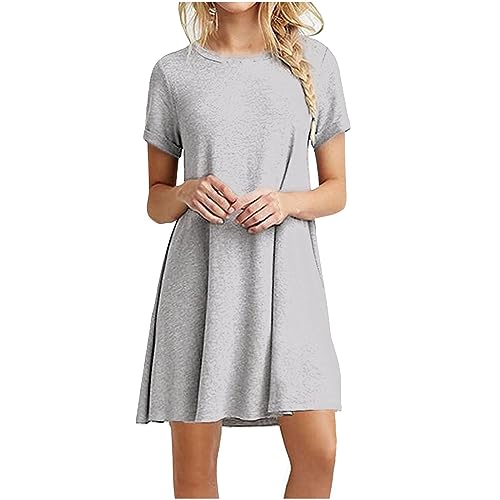 YEBIRAL Shirtkleid Damen Sommer Freizeitkleid Kurzarm Sommerkleier Casual T-Shirt Kleider Strandkleid Loose Swing Damenkleid Rundhals Tunika Kleid Einfarbig Minikleid Mini Dress von YEBIRAL