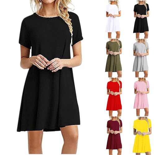 YEBIRAL Shirtkleid Damen Sommer Freizeitkleid Kurzarm Sommerkleier Casual T-Shirt Kleider Strandkleid Loose Swing Damenkleid Rundhals Tunika Kleid Einfarbig Minikleid Mini Dress von YEBIRAL