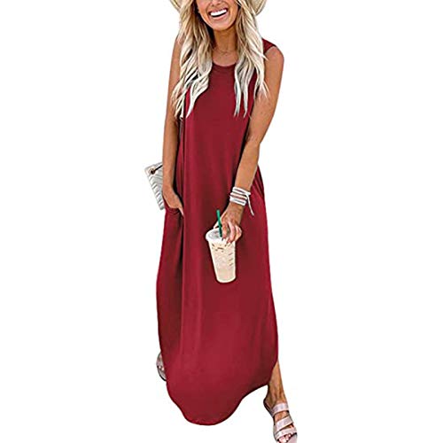 YEBIRAL Sommer Lange Kleid Damen Sommerkleid Casual Lose Rundhals Ärmellos Maxikleid Strandkleid Tunika Kleider Täglich Freizeitkleid Shirtkleid mit Taschen von YEBIRAL