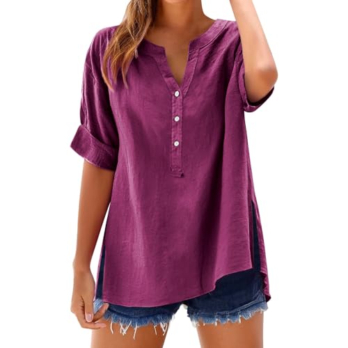 YEBIRAL Sommerblusen Damen Leicht Und Luftig Sommerblusen Damen Leicht Und Luftig Baumwolle Leinen Lose Bluse Tops Oberteil Plus Größe Kurze Hülse Tunika Leichte Jeanshemd von YEBIRAL