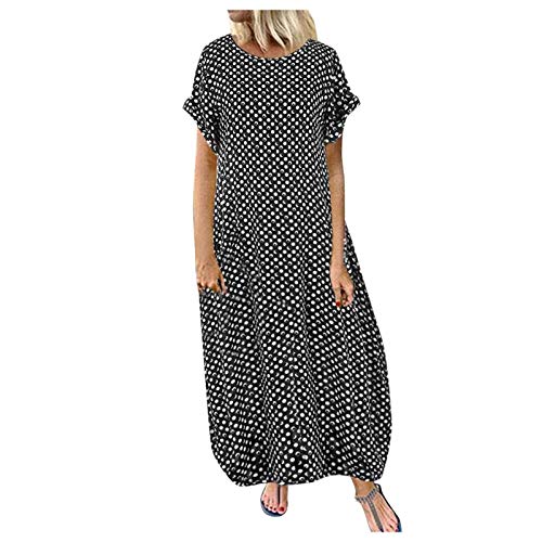 YEBIRAL Sommerkleid Damen Lang Kleid Große Größen Freizeitkleid Sommer Kurzarm Maxikleid Polka Dots Dress Maxi Kleider Casual Rundhals Strandkleid Loose Shirtkleid S-5XL (Schwarz, XXXXXL) von YEBIRAL