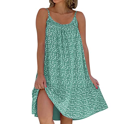 YEBIRAL Sommerkleid Damen Sexy Trägerkleid Sommer Knielang Kleid Boho Blumenkleid Loose Midikleid Casual Blumenmuster Strandkleid Midi Dress Rundhals Freizeitkleid S-3XL (Grün, XXXL) von YEBIRAL