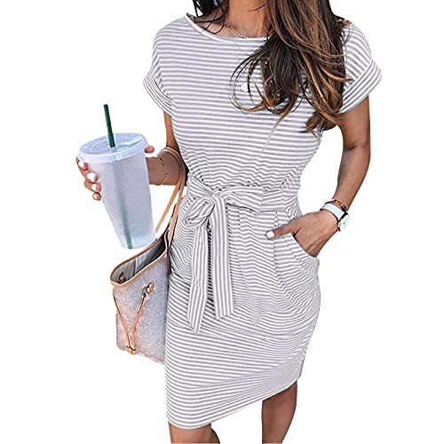 YEBIRAL Sommerkleider Damen Leicht Und Luftig Sommerkleid Damen Knielang Kurzarm Gestreift Blusenkleid Elegant Rundhalsausschnitt Midikleid Casual Wickelkleid Strandkleid Kaftan Damen von YEBIRAL