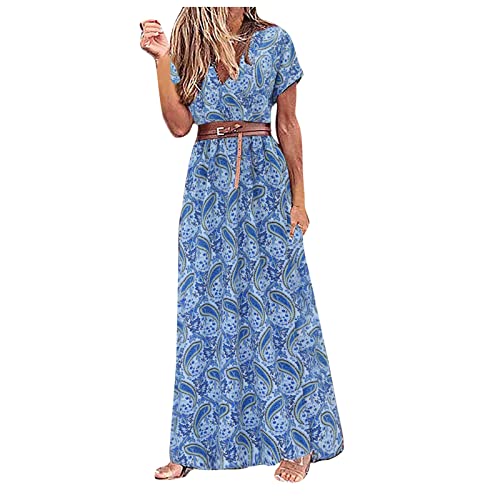 YEBIRAL Sommerkleider Damen V-Ausschnitt Kurzarm Maxikleider Casual Elegant Abendkleid Vintage Boho Bohemian Lange Kleider Partykleid Strandkleid A Linie Freizeitkleider mit Gürtel von YEBIRAL