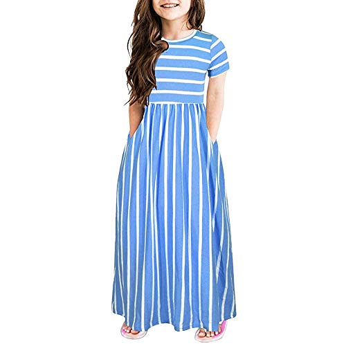 YEBIRAL Sommerkleider Mädchen Kurzarm Kleid Baumwolle Streifen Print Lange Kleid Tasche Rundhals Freizeitkleidung 2-12 Jahre von YEBIRAL
