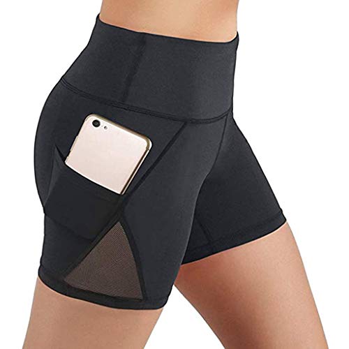 YEBIRAL Sport Damen Leggings, Kurze Sporthose Mesh Yoga Hose Laufhose, Blickdicht Fitness Yogahose High Waist Leggins Workout Shorts Fitnesshose mit Taschen von YEBIRAL