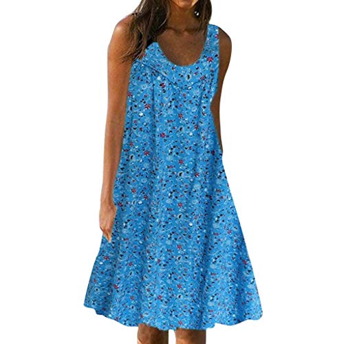 YEBIRAL Strandkleid Damen Große Größen Sommer Ärmellos Kleid Blumenmuster Sommerkleid Boho Knielang Kleider Casual A Linie Blumenkleid Rundhals Midikleid Freizeitkleid Tunika Kleid Midi (Blau, XXXXL) von YEBIRAL