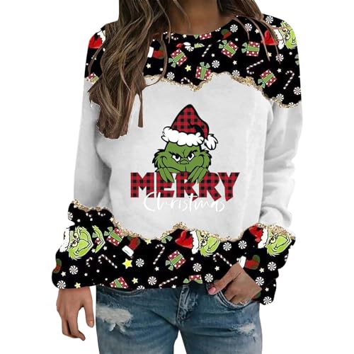 YEBIRAL Sweatshirt Damen Grinch Pullover Briefe Drucken Langarm Rundhals Pulli Lustige 3D Druck Weihnachtspullover Locker Casual Oberteil Sport Streetwear Sweatshirts ohne Kapuze Bluse Tops von YEBIRAL