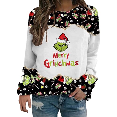 YEBIRAL Sweatshirt Damen Grinch Pullover Briefe Drucken Langarm Rundhals Pulli Lustige 3D Druck Weihnachtspullover Locker Casual Oberteil Sport Streetwear Sweatshirts ohne Kapuze Bluse Tops von YEBIRAL