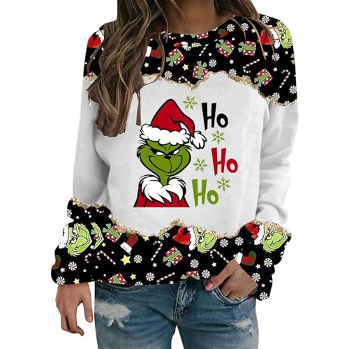 YEBIRAL Sweatshirt Damen Grinch Pullover Briefe Drucken Langarm Rundhals Pulli Lustige 3D Druck Weihnachtspullover Locker Casual Oberteil Sport Streetwear Sweatshirts ohne Kapuze Bluse Tops von YEBIRAL