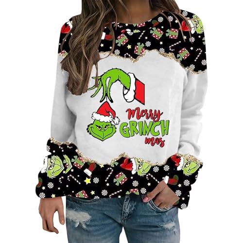 YEBIRAL Sweatshirt Damen Grinch Pullover Briefe Drucken Langarm Rundhals Pulli Lustige 3D Druck Weihnachtspullover Locker Casual Oberteil Sport Streetwear Sweatshirts ohne Kapuze Bluse Tops von YEBIRAL