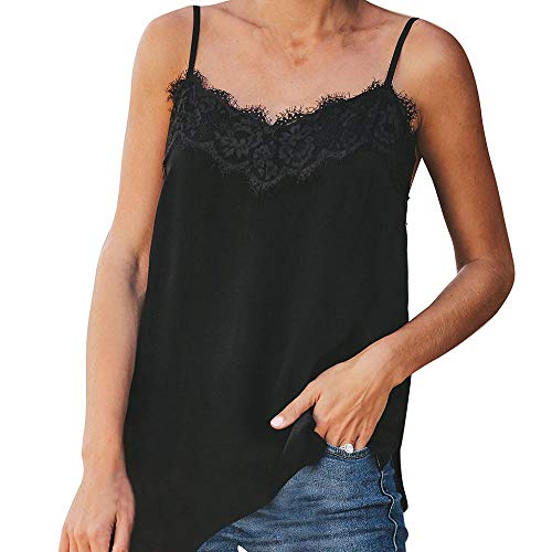 YEBIRAL Tanktop Damen Elegant Spaghettiträger Top Oberteil Camisole Tops mit Spitze Sexy Leibchen Crop Top(EUR-44/CN-2XL,Schwarz) von YEBIRAL