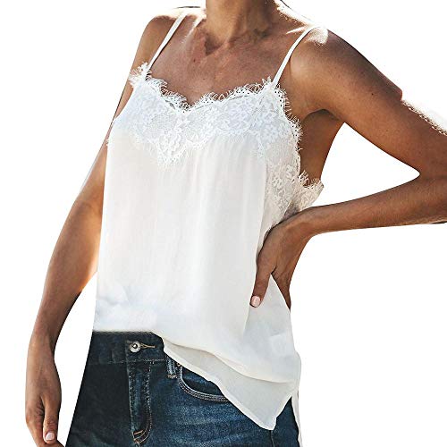 YEBIRAL Tanktop Damen Elegant Spaghettiträger Top Oberteil Camisole Tops mit Spitze Sexy Leibchen Crop Top(EUR-44/CN-2XL,Weiß) von YEBIRAL