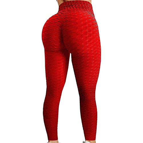 YEBIRAL Tik Tok Leggings Damen Honeycomb Scrunch Butt Bubble Leggings Sexy Booty Push Up Leggins Sporthose Anti Cellulite High Taille Sport Fitness Hose Sportleggings Yoga Pants (B- Rot, L) von YEBIRAL