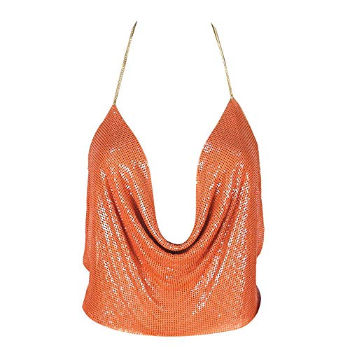 YEBIRAL Tops Damen Sommer Sexy Glitzer Paillette Neckholder Crop Tops für Party Frauen Mode Trägerlos Bluse Oberteil Tank Top Schwarz/Gold/Rosa/Orange/Silber/Weiß(Einheitsgröße,Orange) von YEBIRAL