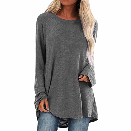 YEBIRAL Tunika Damen Langarm Rundhals Locker Oberteile Elegant Bluse Einfarbig T-Shirt Basic Shirt Baumwolle Casual Longshirt Pullover Tops von YEBIRAL