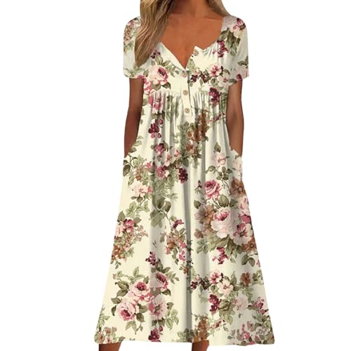 YEBIRAL Warehouse Deal Must Have Luftige Sommerkleider Damen Kleid mit Blumendruck, kurzärmelig, lässig, Rundhalsausschnitt, Knopftaschen, Lange Strandkleider Meine bestellungen anzeigen 2024 von YEBIRAL
