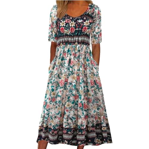 YEBIRAL Warehouse Deal Must Have Sommerkleid Damen Damen Boho Blumenkleid A-Linie Fließendes Midikleid Lässiges Lockeres Sommerkleid Kurzarm Strandurlaub Kleider von YEBIRAL