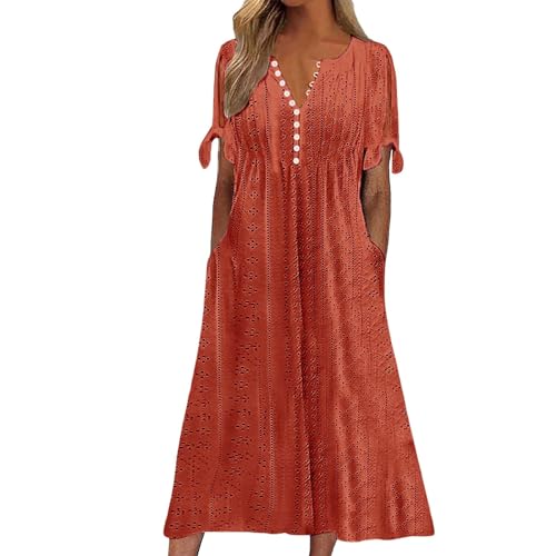 YEBIRAL Warehouse Deal Must Have Sommerkleid Damen Mit Taschen BohèMe Jacquard Midikleid Mode Ausschnitt Kurze ÄRmel Strandkleider Knopf Unten V-Ausschnitt Angebote des Tages Heute Damen von YEBIRAL