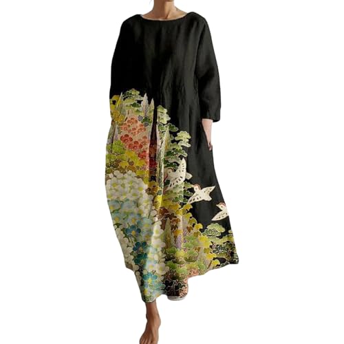 YEBIRAL Warehouse Deal retourenware Boho Kleid Damen Maxikleid mit Ethno-Print für Damen, Kleid mit Aquarellfarbe, Rundhalsausschnitt, lässig, breiter Saum, Warehouse Deals Angebote von YEBIRAL