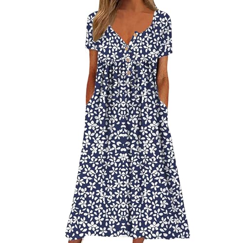 YEBIRAL Warehouse Deal retourenware Luftige Sommerkleider Damen Kleid mit Blumendruck, kurzärmelig, lässig, Rundhalsausschnitt, Knopftaschen, Lange Strandkleider Warehouse Deals Angebote rückläufer von YEBIRAL