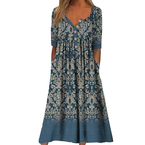 YEBIRAL Warehouse Deal retourenware Luftige Sommerkleider Damen Kleid mit Blumendruck, kurzärmelig, lässig, Rundhalsausschnitt, Knopftaschen, Lange Strandkleider von YEBIRAL