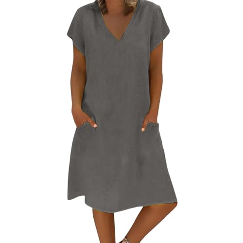 YEBIRAL Warehouse Deal retourenware Musselin Kleid Damen Lässiges Kleid mit V-Ausschnitt und, einfarbig, Baumwolle und Linien, kurzärmelig Midikleid Damen Sommer Meine bestellungen anzeigen 2024 von YEBIRAL