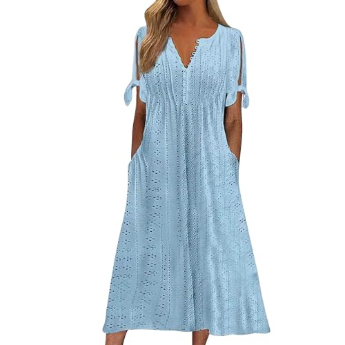 YEBIRAL Warehouse Deal retourenware Sommerkleid Damen Mit Taschen BohèMe Jacquard Midikleid Mode Ausschnitt Kurze ÄRmel Strandkleider Knopf Unten V-Ausschnitt Meine bestellungen von YEBIRAL