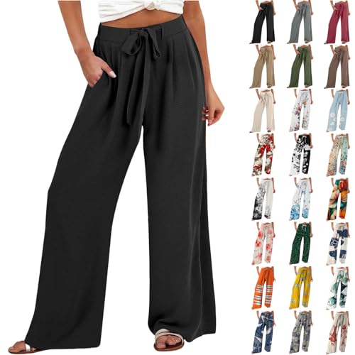 YEBIRAL Warehouse Deals Angebote Leinenhose Damen Sommerhose Weites Bein mit Taschen und Kordelzug,Leichte Baumwolle Freizeithose Einfarbig Elegant Lang Stoffhose Warehouse Deal retourenware von YEBIRAL