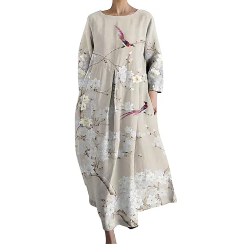 YEBIRAL Warehouse Deals Angebote rückläufer Sommerkleid Damen Knielang Mode Drucken Maxikleid Kleider Mit Tasche LäSsig Lose Fit Crewneck Lange Strandkleid Leichte 3/4 Angebote Tages blitzangebote von YEBIRAL