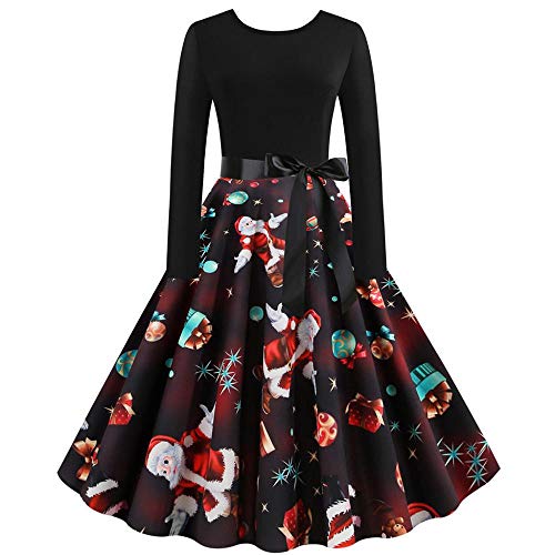 YEBIRAL Weihnachtskleid Damen Geschenk Weihnachten Kleider Vintage Christmas Print Langarm Partykleid Cocktailkleid A-Linie Swing Kleid Karneval Kostüme von YEBIRAL