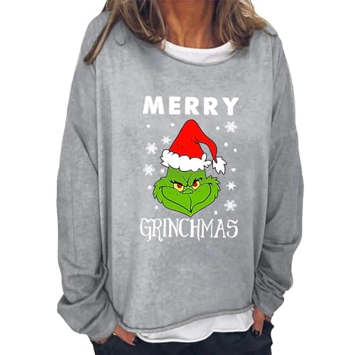 YEBIRAL Weihnachtspullover Damen Oversized Grinch Rundhals Sweatshirt Langarm Pullover Casual Herbst Oberteile ohne Kapuze Weihnachtspullover Langarmshirt Lustige Graphic Christmas Pulli Bluse Tops von YEBIRAL