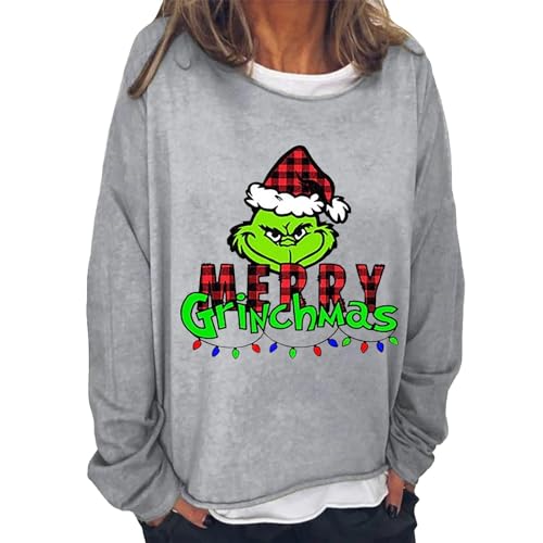 YEBIRAL Weihnachtspullover Damen Oversized Grinch Rundhals Sweatshirt Langarm Pullover Casual Herbst Oberteile ohne Kapuze Weihnachtspullover Langarmshirt Lustige Graphic Christmas Pulli Bluse Tops von YEBIRAL