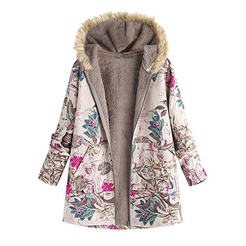 YEBIRAL Winterjacke Mit Teddyfutter Damen Winter Mantel Jacke mit Pelzkapuze Warm Dicker Outwear Blumendruck Freizeitjacke Vintage Oversize Coats(3XL,Rosa) von YEBIRAL