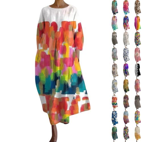 YEBIRAL blitzangebote des Tages Sommerkleid Damen Knielang Mode Drucken Maxikleid Kleider Mit Tasche LäSsig Lose Fit Crewneck Lange Strandkleid Leichte 3/4 sonderangebote & Restposten von YEBIRAL