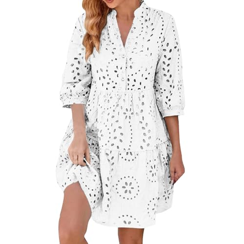 YEBIRAL meine bestellungen anzeigen Sommerkleider Damen Leicht und Luftig Damen 2024 3/4 Ärmel Trendy Einfarbig V-Ausschnitt Spitzenkleid Sommer Kleid retourenkauf Angebote von YEBIRAL