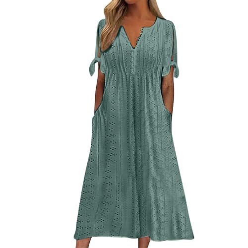 angebote des tages heute blitzangebote Sommerkleid Damen Mit Taschen BohèMe Jacquard Midikleid Mode Ausschnitt Kurze ÄRmel Strandkleider Knopf Unten V-Ausschnitt angebote des tages heute damen von YEBIRAL