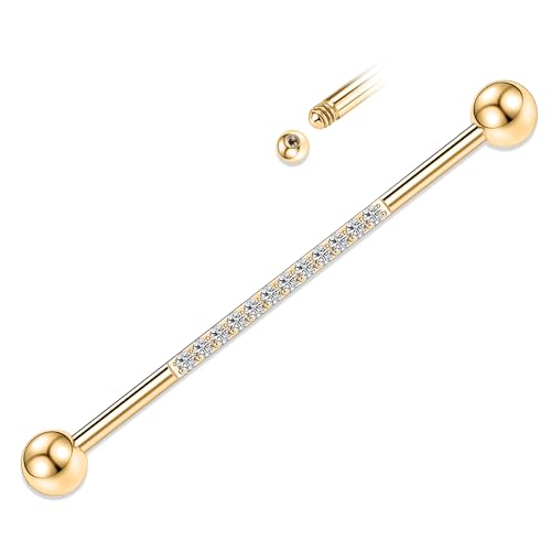 YEBOCIYO 14G Industrial Piercing Schmuck Gold Chirurgenstahl Industrial Barbell Industrial Bar Knorpel Conch Ohrring Helix Barbell Klar CZ 38mm Long Scaffold Bar für Frauen Männer von YEBOCIYO