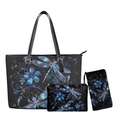 YECARYPOD Damen-Geldbörse, Handtaschen, Geldbörsen-Set, Leder-Schultertasche, Tragetasche für Damen, Tragegriff oben mit Handgelenktasche, Blaue Libellen-Blume, Medium YECARYPOD Damen-Geldbörse, Handtaschen, Geldbörsen-Set, Leder-Schultertasche, Tragetasche für Damen, Tragegriff oben mit Handgelenktasche, Blaue Libellen-Blume, Medium von YECARYPOD