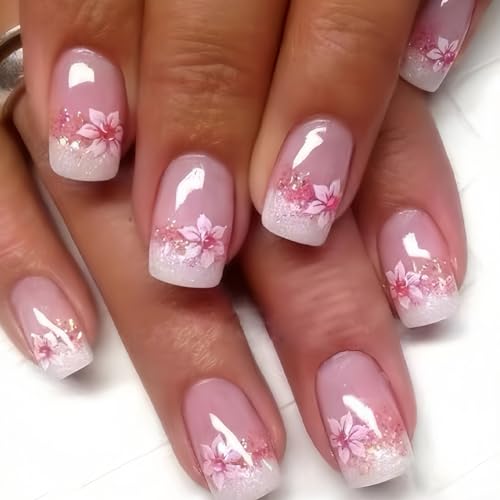 Press On Nails Kurz Quadrat 24 Stück Nude Rosa Blumen Design Nägel zum Aufkleben Künstliche Nägel für Damen Alltag Party elegant von YEDOUALE
