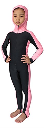 YEESAM Kids Mädchen Kinder Jungen Sonnenschutz Surfen Anzüge Rash Guard Strand Badeanzug Bademode bescheiden Jumpsuit EIN Stück Full Cover Lange Ärmel Kapuzen (S - Körpergröße: 90-105 cm, pink) von YEESAM