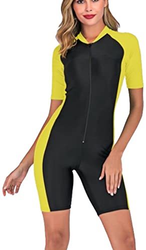 yeesam Mädchen- & Damen-Badeanzug mit halblangen ärmeln und knielang, Surf-Anzug kurze ärmel UPF 50 + Gr. XXXXX-Small, gelb von YEESAM