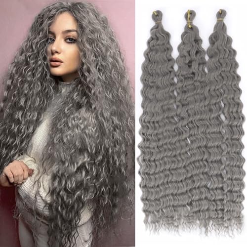 YEESHEDO 3 Packs Tief Twist Crochet braids Hair Locken grau für Frauen,Ocean Wave Bohemian Häkelzöpfe Haar Wellig Hair Bundles Crochet-zöpfe Haarverlängerungen,22 Zoll von YEESHEDO