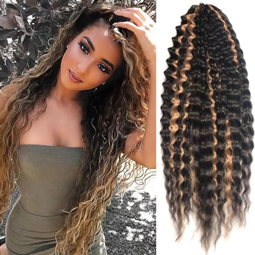 YEESHEDO 3 Packungen 22 Zoll Häkelzöpfe Haar, Haare häkeln lockig, Crochet Braids Hair Ocean Wave Crochet Hair Curly, Deep Wave Hair Haarverlängerungen für Frauen Mädchen (Schwarzbraun mit Blond) von YEESHEDO