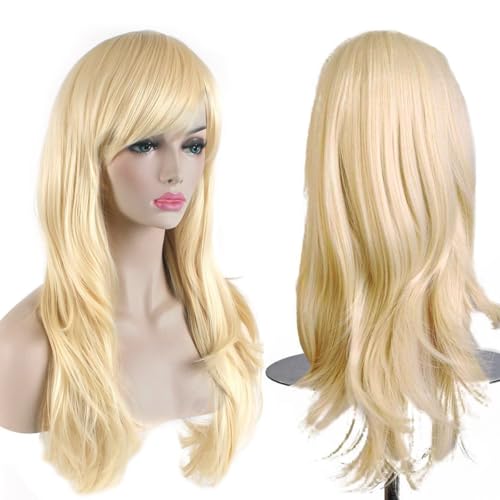 YEESHEDO Hellblond Cosplay Perücke für Frauen Langes Gewelltes Haar Synthetische Perücken mit Pony für Halloween Party Kostüm Anime 28 Zoll 70 cm von YEESHEDO