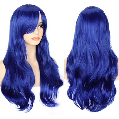 YEESHEDO Blau Cosplay Perücke für Frauen Langes Gewelltes Haar Synthetische Perücken mit Pony für Halloween Party Kostüm Anime 28 Zoll 70 cm von YEESHEDO